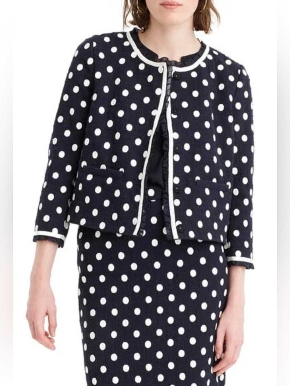 J.Crew navy blue Polka Dot Textured Tweed Jacket size 4
